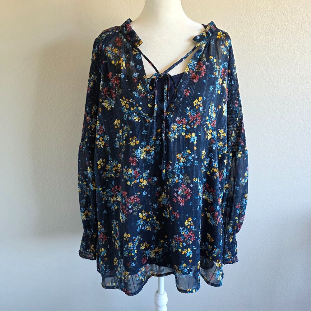 Laundry by Shelli Segal Blouse Navy Floral Smocked Sheer with Cami Plus Size 24W
